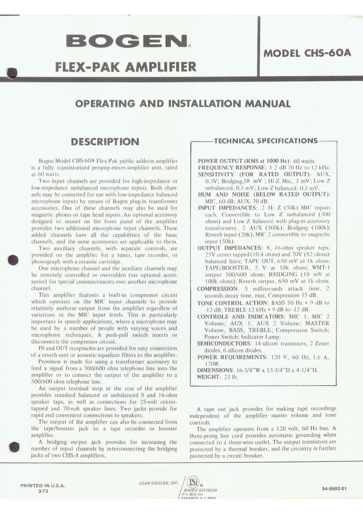 Bogen CHS 60A Operating Manual