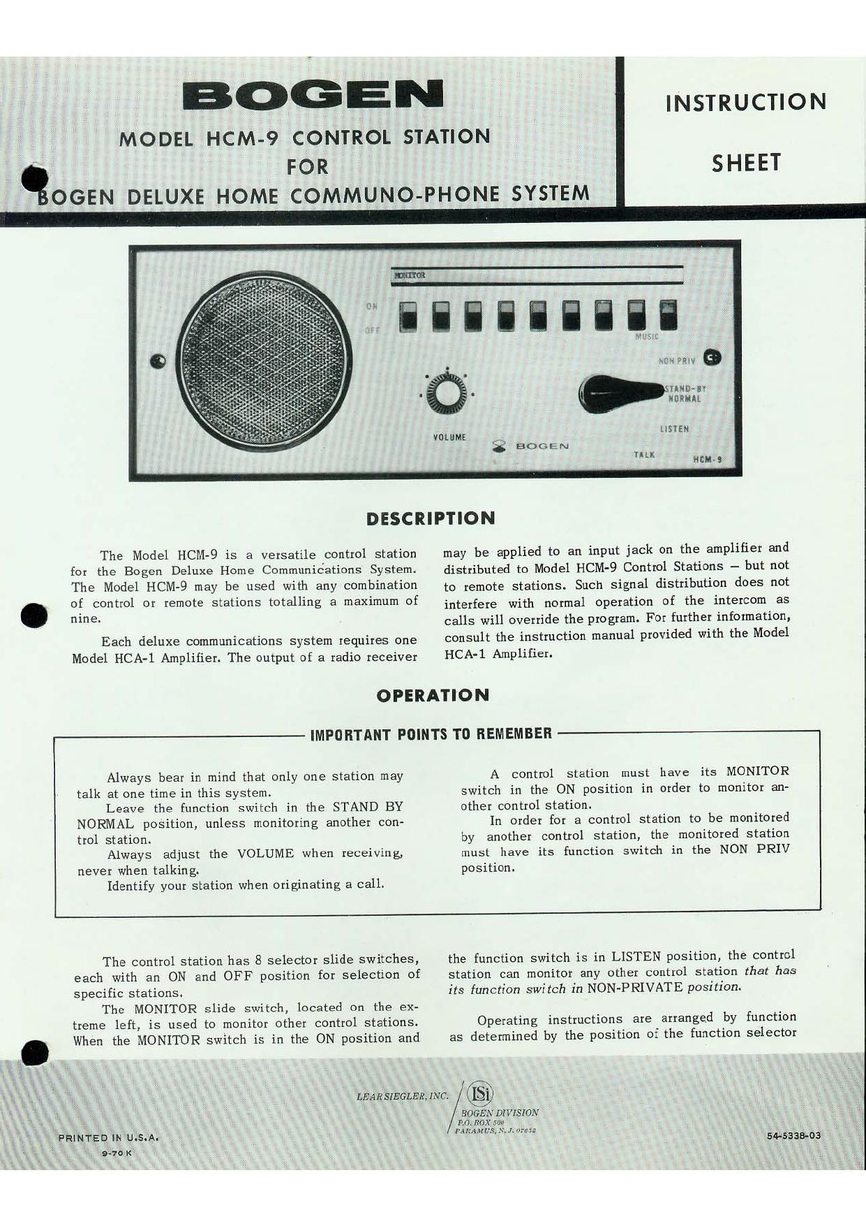 Bogen HCM9 Operating Manual