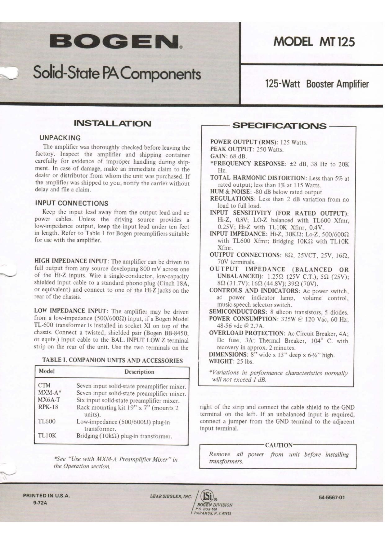 Bogen MT125 Operating Manual
