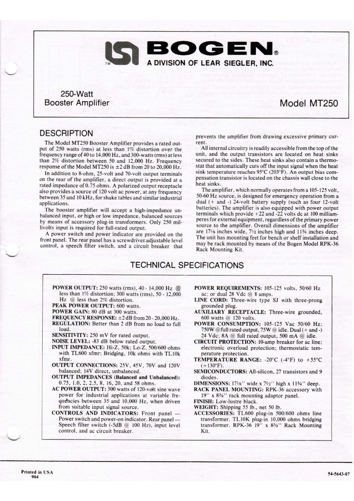 Bogen MT250 Operating Manual