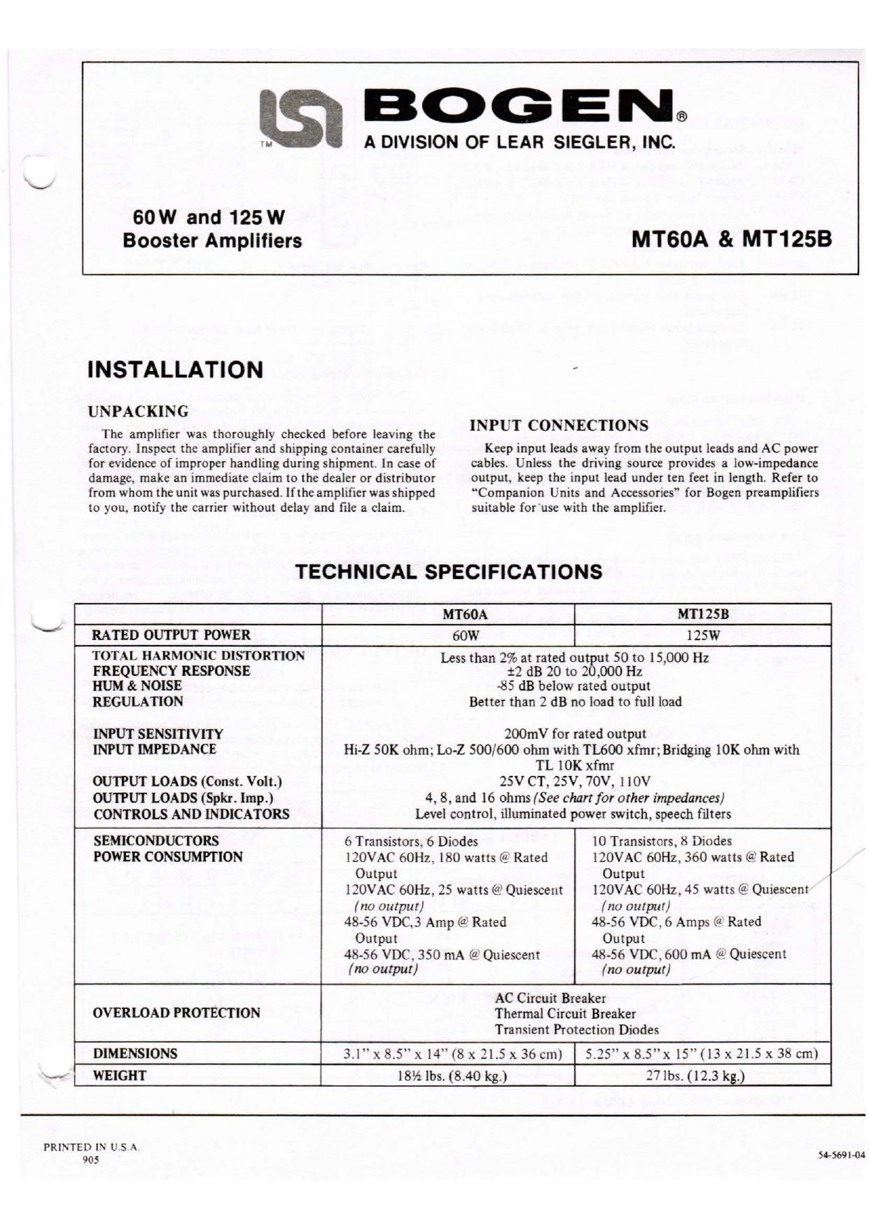 Bogen MT60A MT125B Operating Manual