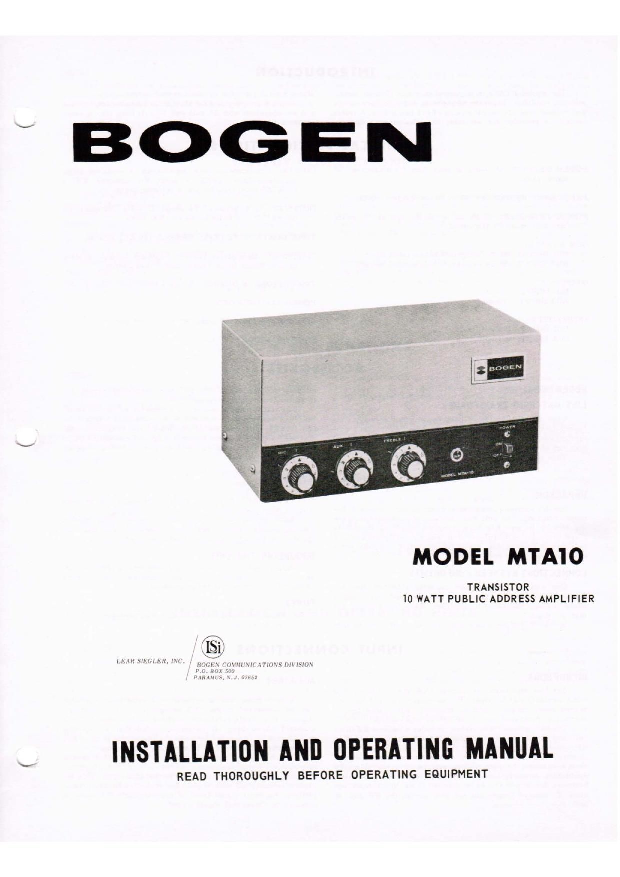 Bogen MTA10 Operating Manual