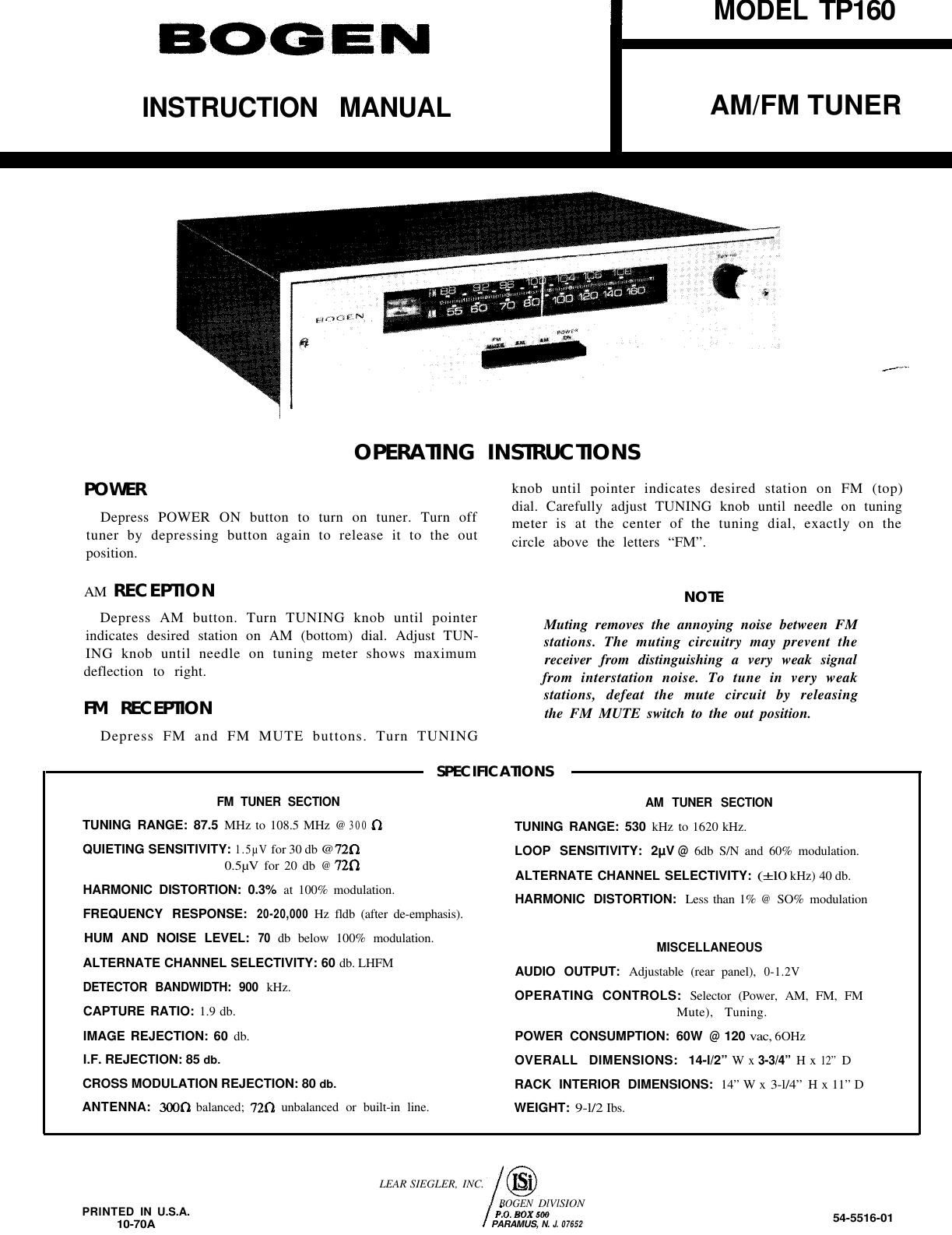 Bogen TP 160 Owners Manual