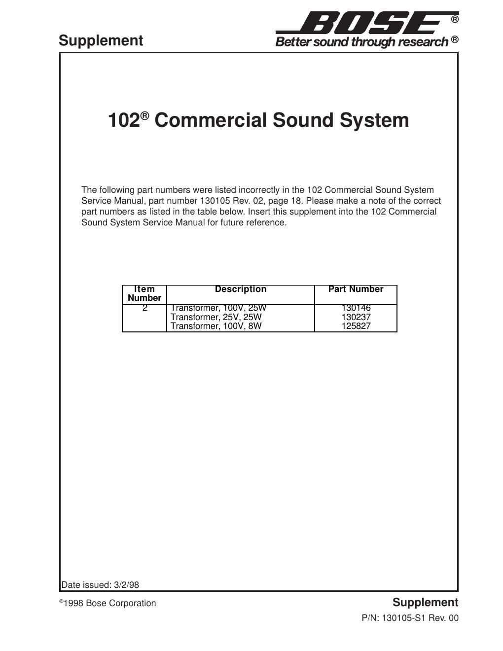 bose 102 commercial sound system supplement