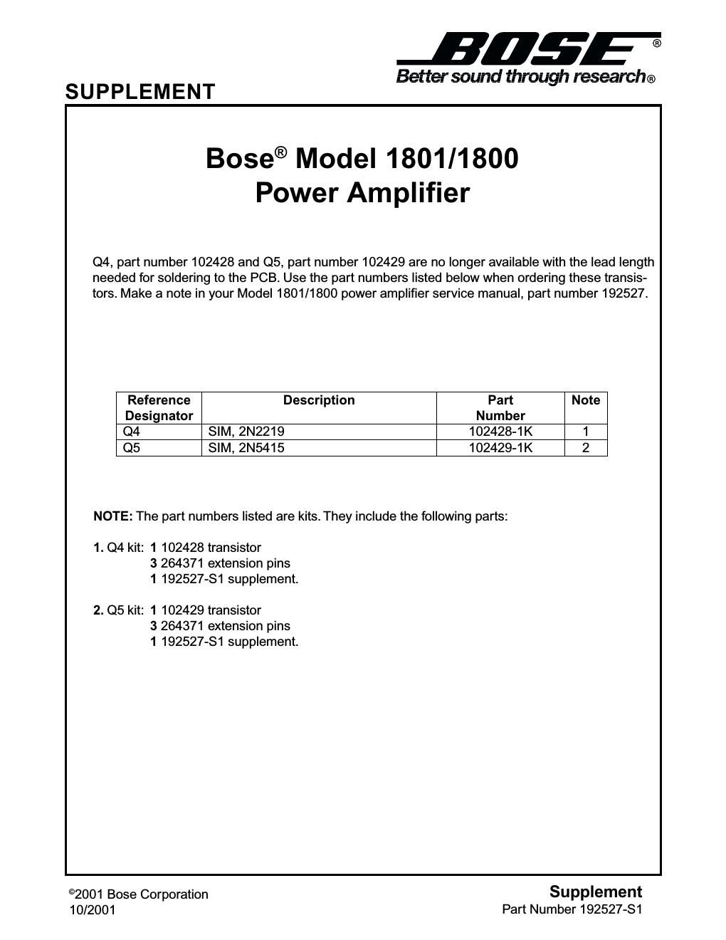 bose 1800 1801 supplement