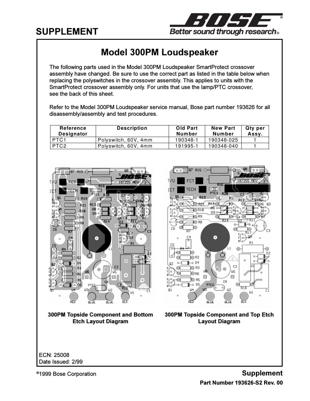 bose 300 pm service manual supplement details crossover ptc part number changes s2