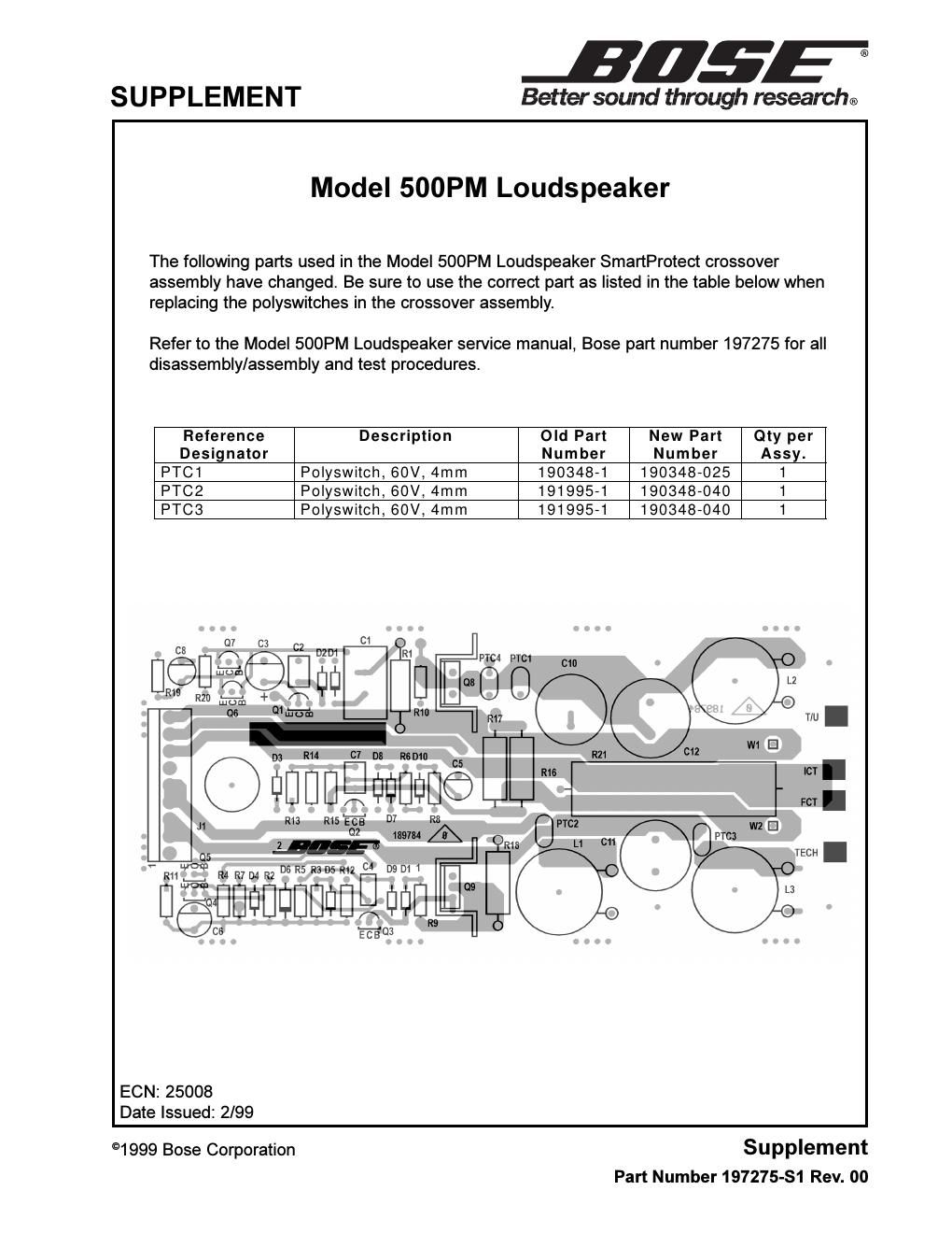 bose 500 pm supplement details crossover assembly ptc part number changes s1