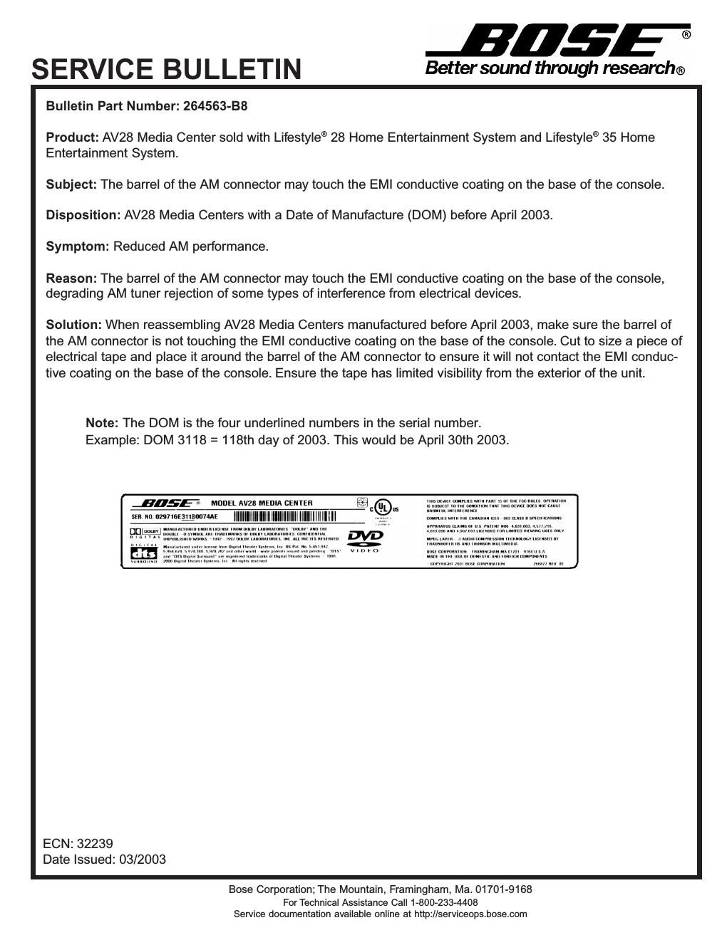 bose av28 service bulletin 264563 b8