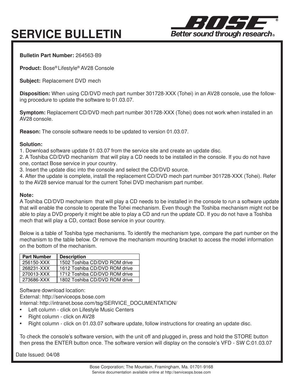 bose av28 service bulletin 264563 b9