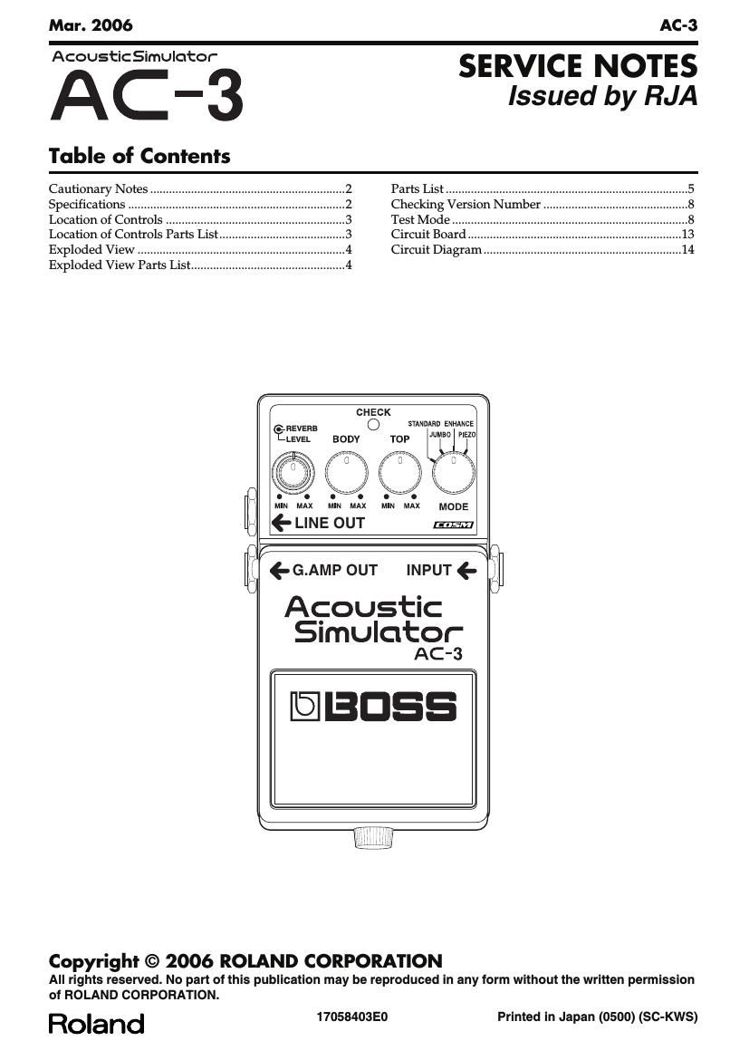 Boss AC 3 Acoustic Simulator Service Manual