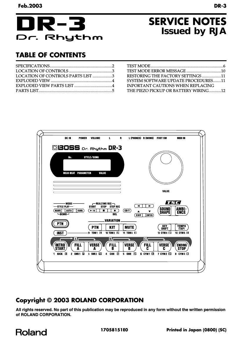 Free Audio Service Manuals - Free download Boss DR 3 Service Manual