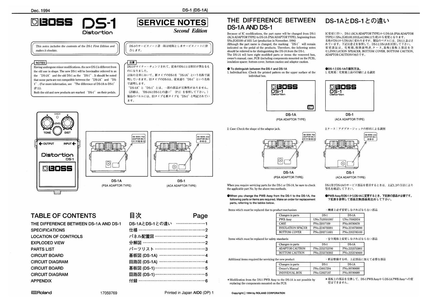BOSS DS 1 SERVICE NOTES