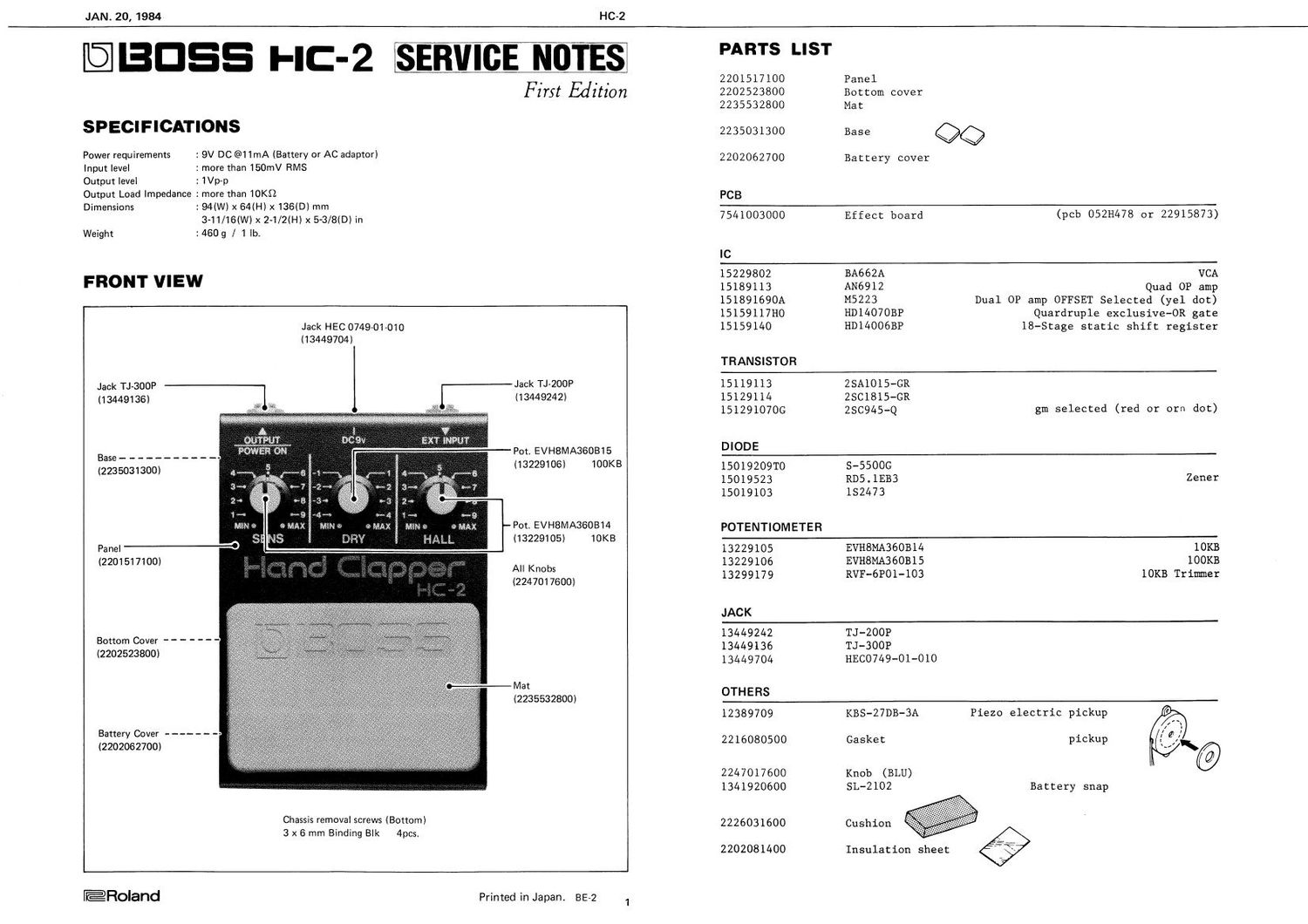BOSS HC 2 SERVICE NOTES