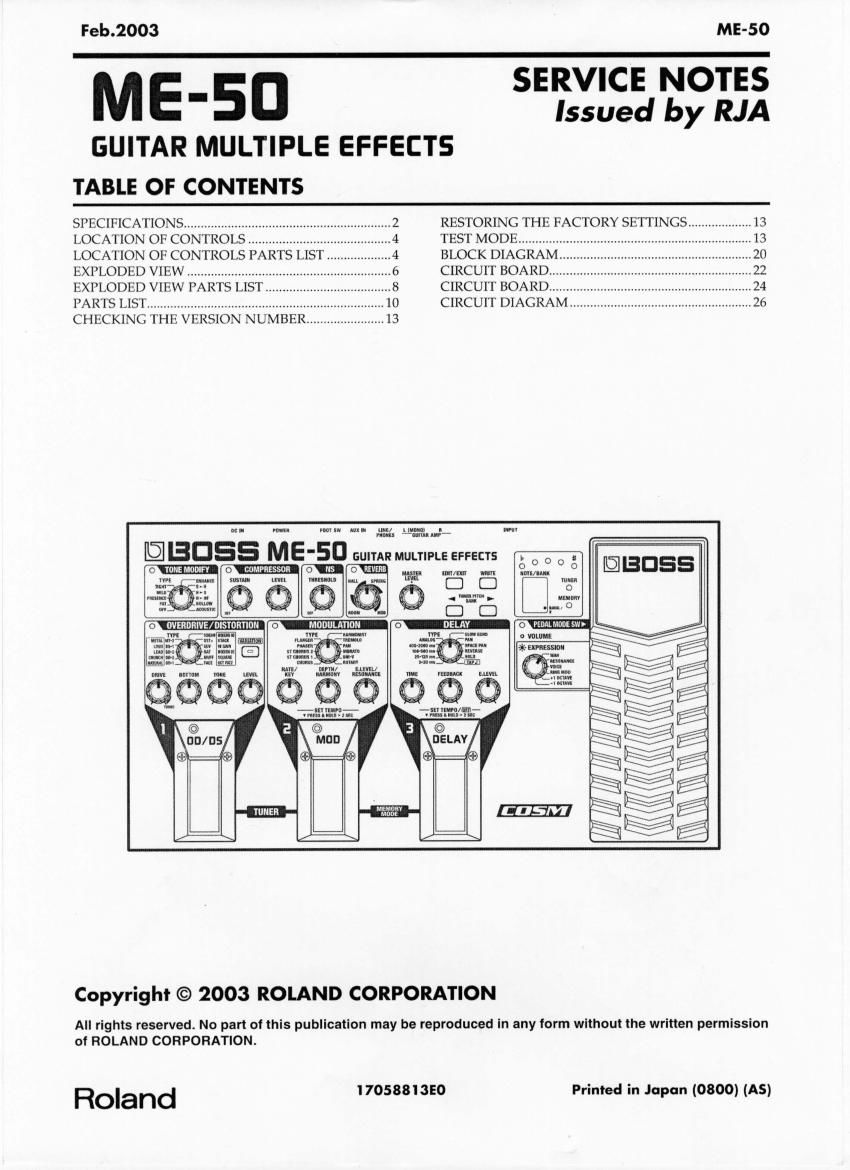 Boss ME 50 Multi Effects Service Manual