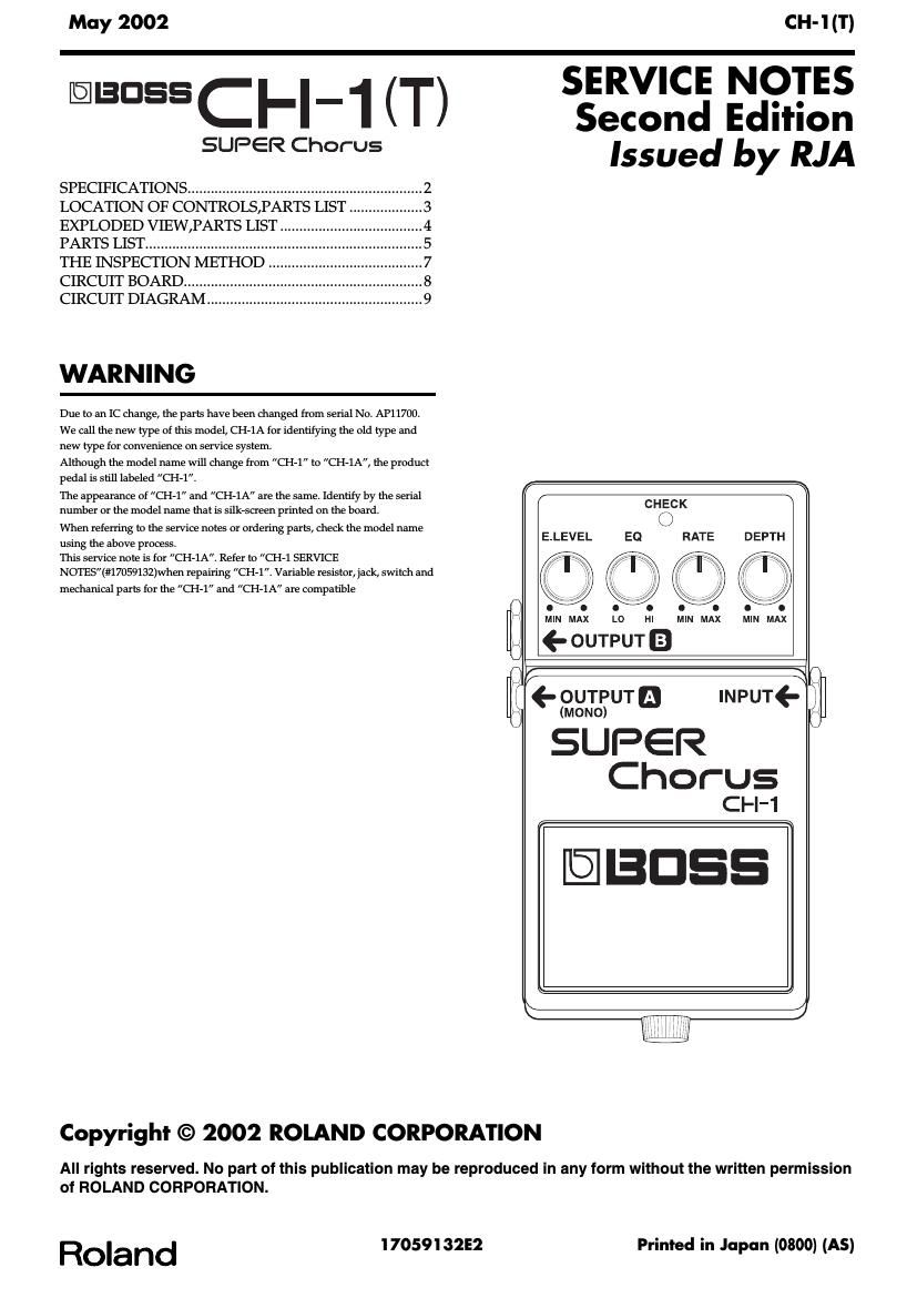 Free Audio Service Manuals - Free download Boss CH 1T Super Chorus Manual