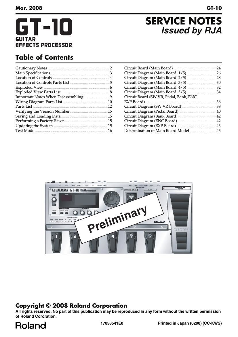 Boss GT 10 Effects Processor Service Manual