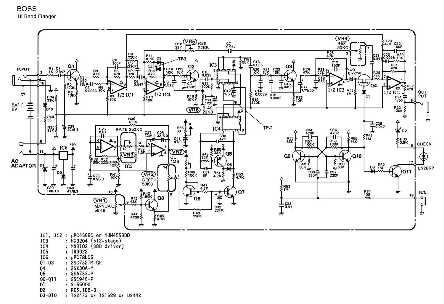 Boss HF 2 Hi Band Flanger Schematic