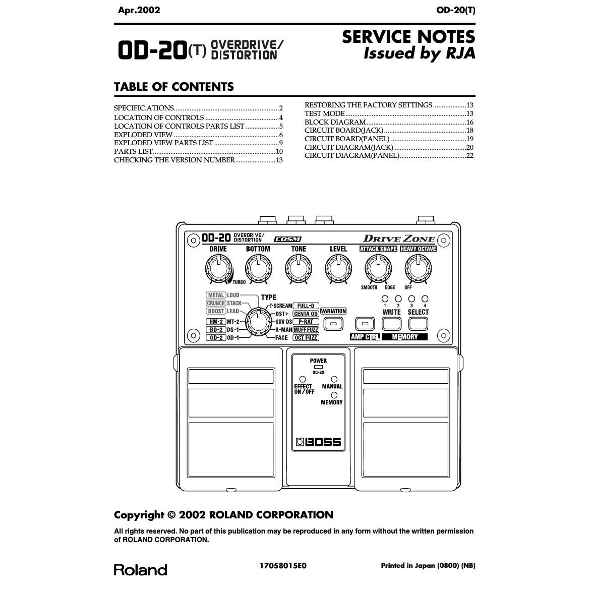 Boss OD 20(T) Overdrive Distortion Service Manual