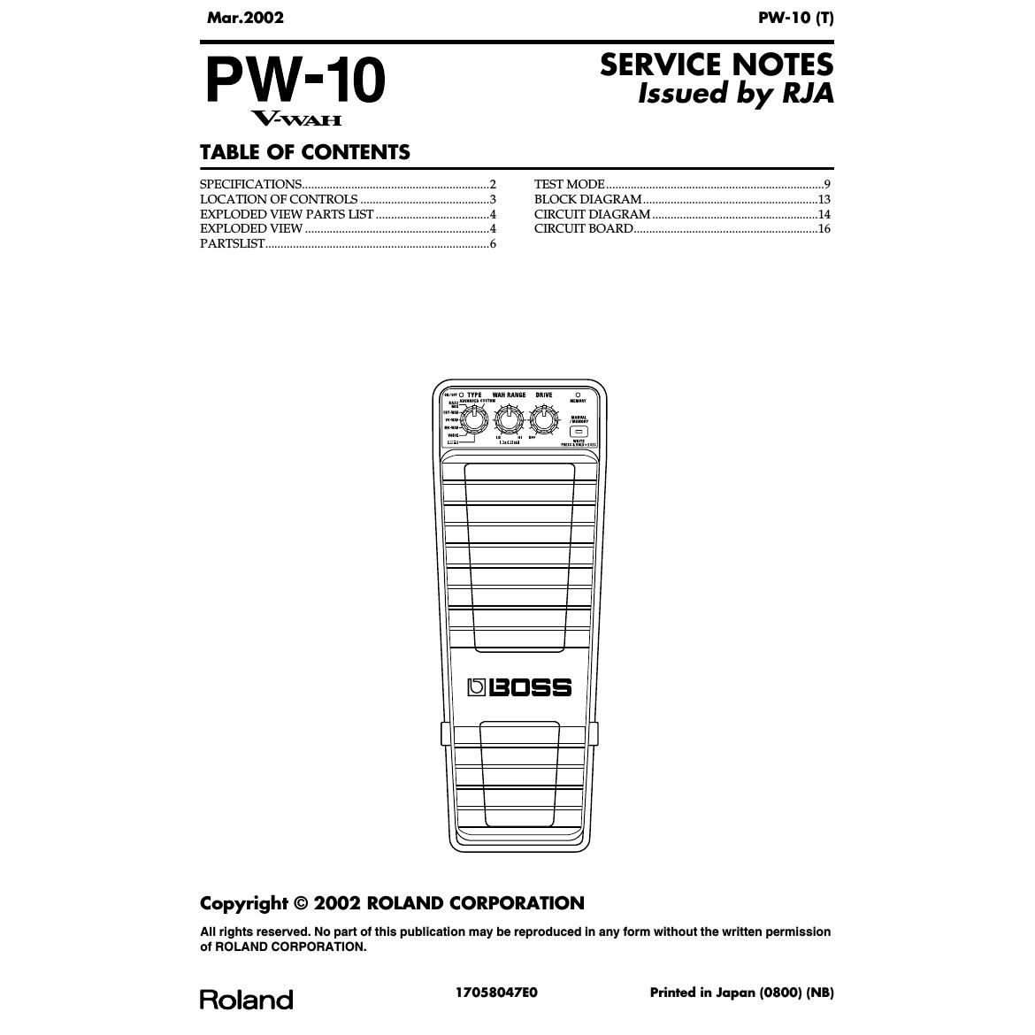 Boss PW 10 V Wah Service Manual