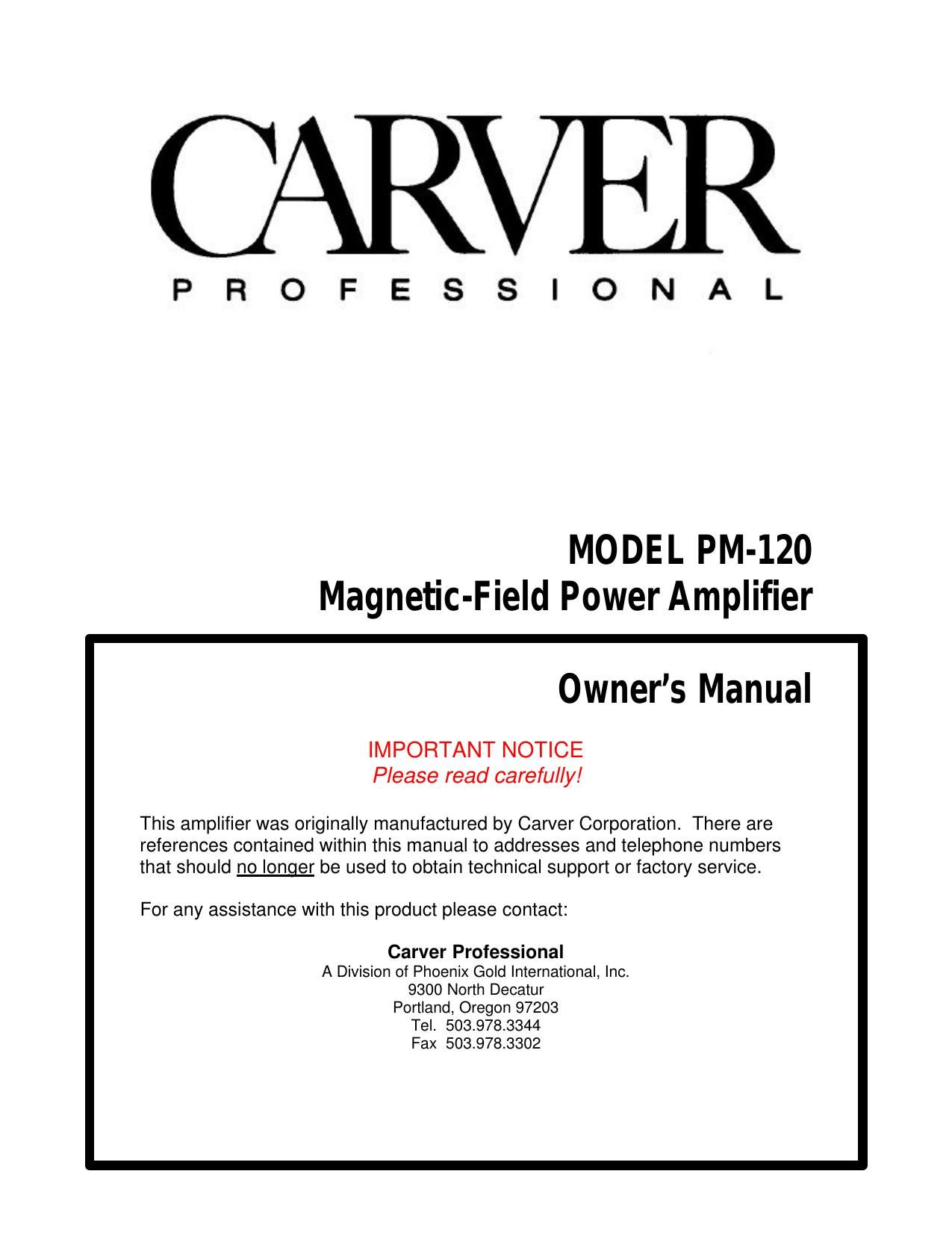 Carver PM 120 Owners Manual