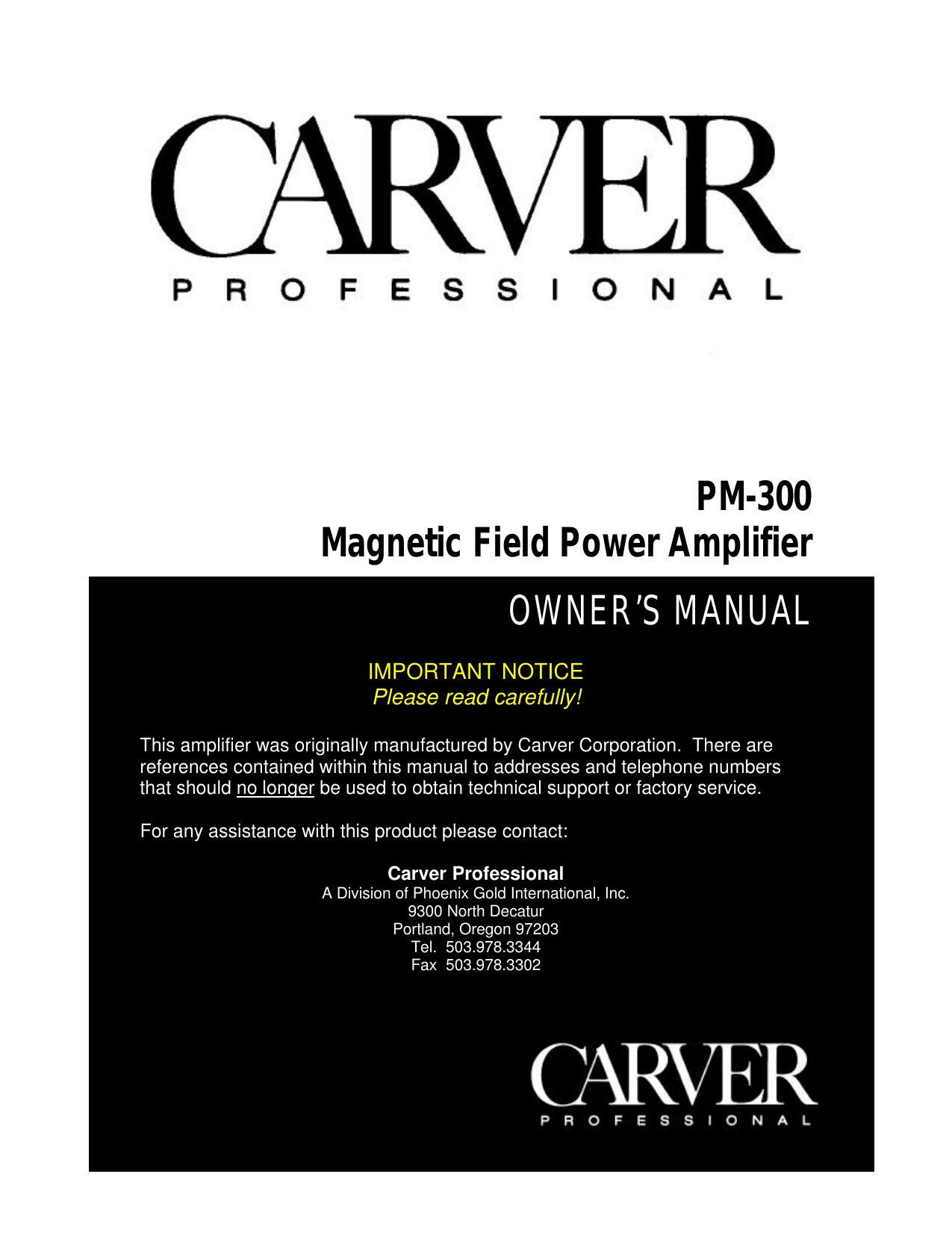 Carver PM 300 Owners Manual