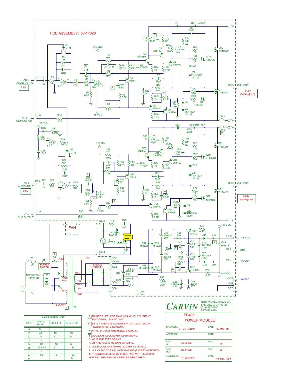 carvin pb 400 mosfet power amp module 80 14028 schematic