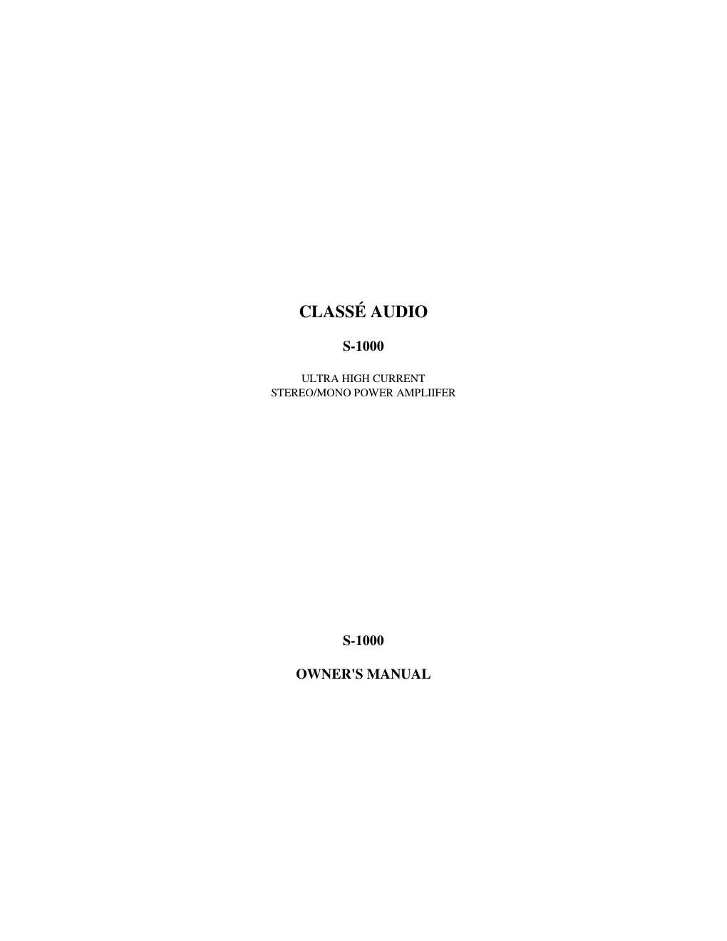 classe audio s 1000 owners manual