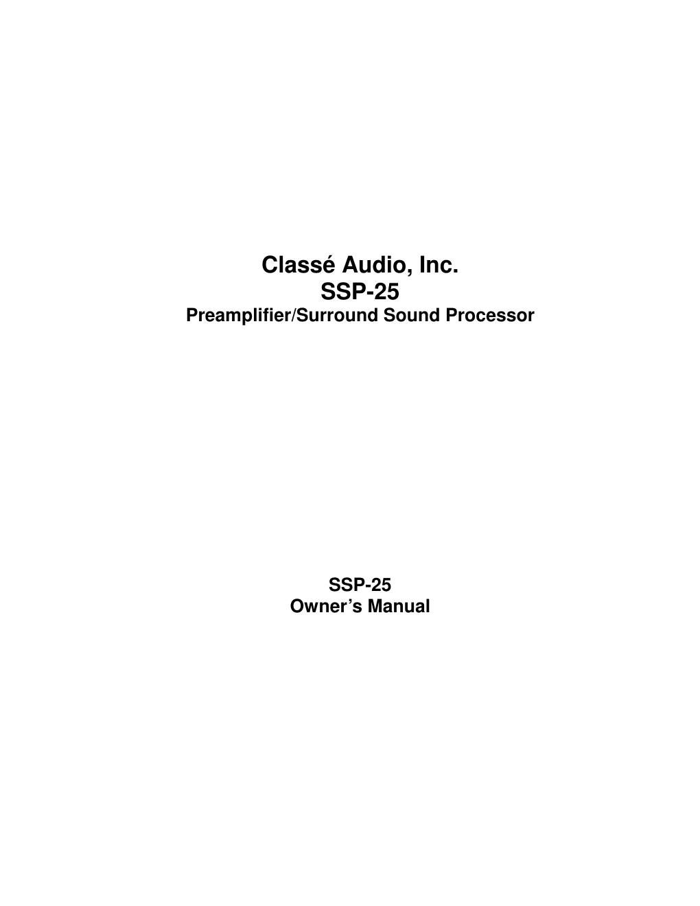 classe audio ssp 25 owners manual