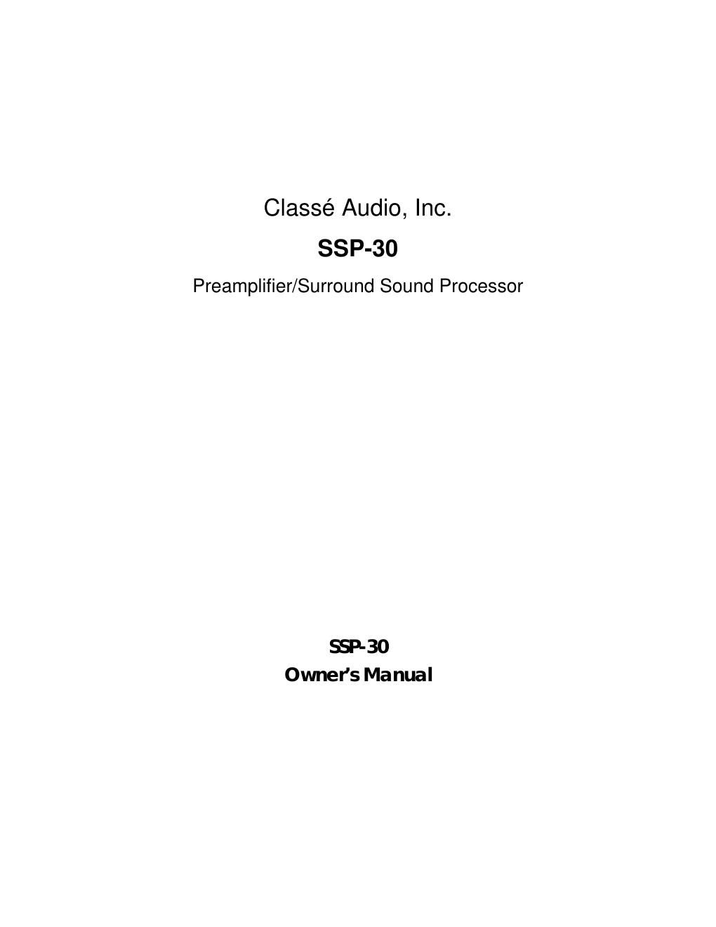 classe audio ssp 30 owners manual