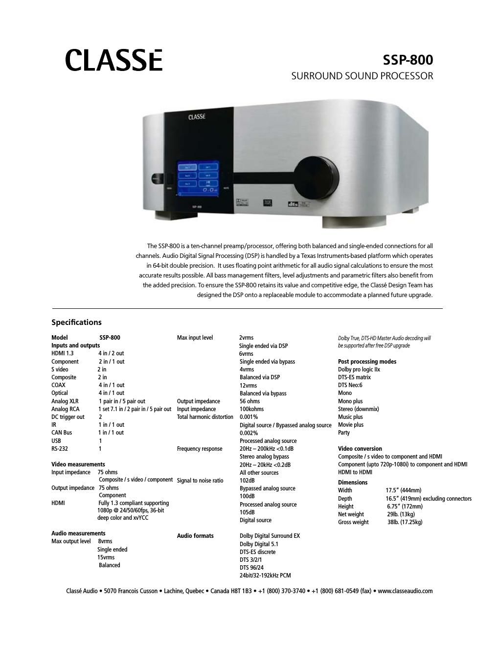 classe audio ssp 800 brochure