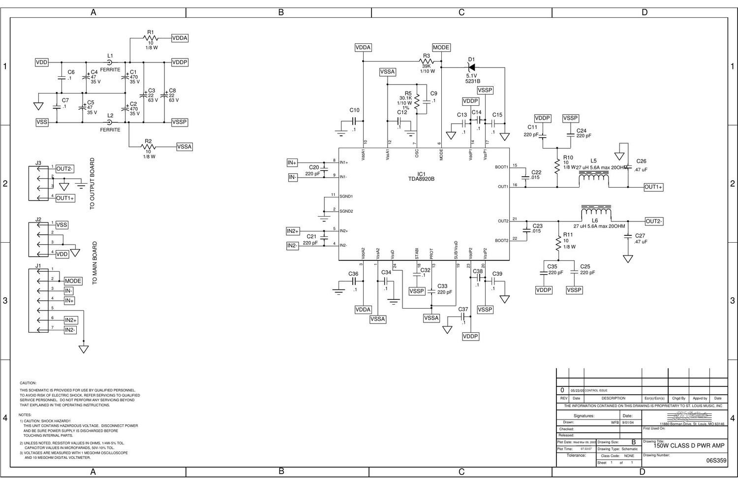 Crate Powerblock 150W Class D Power Amp 06S359 Schematic