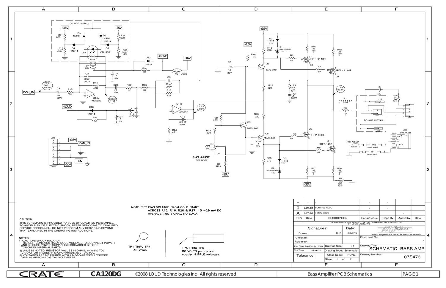 crate CA 120DG Bass Amplifier PCB Schematics 473SCH 0