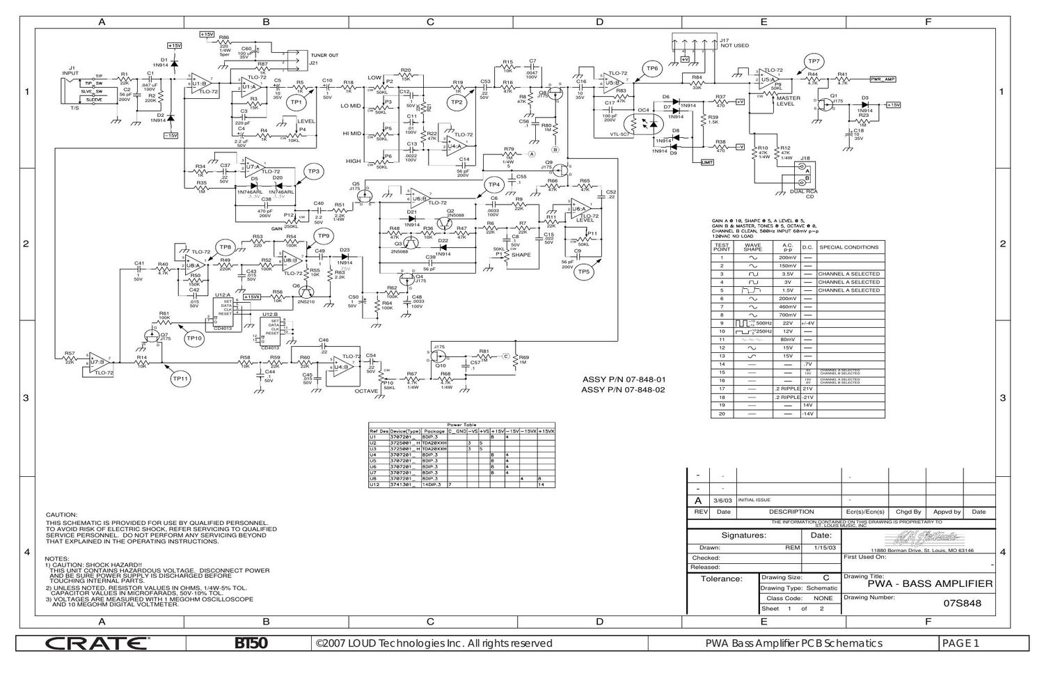 crate bt 50 PWA Bass Amplifier PCB Schematics 848SCH A