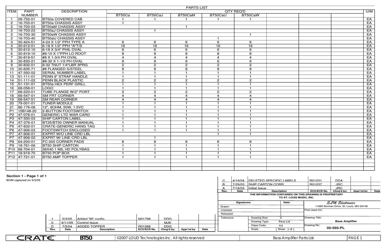 crate bt 50 Parts List Bass Amplifier 00 560 PL 1