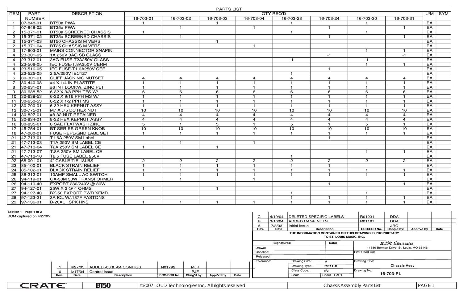 crate bt 50 Parts List Chassis Assembly 16 703 PL 1