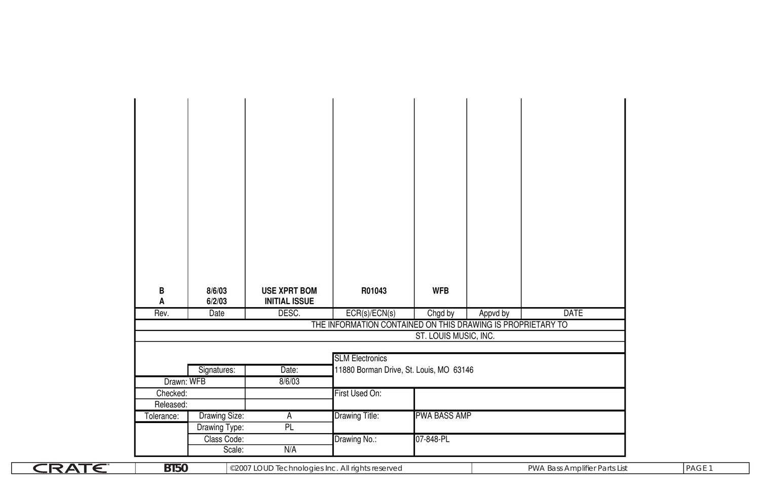 crate bt 50 Parts List PWA Bass Amplifier 848pl B