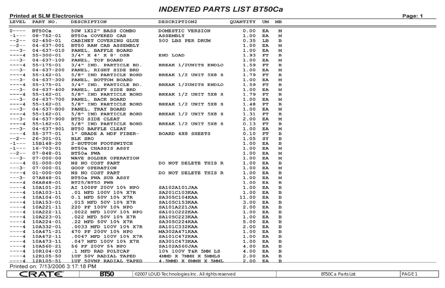 crate bt 50 bt 50Ca Parts List