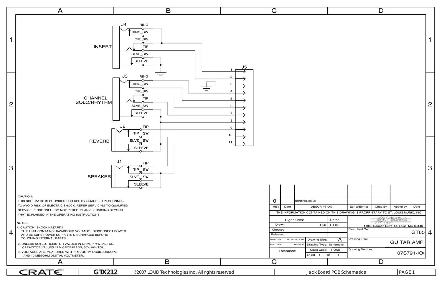 Crate GTX 212 Jack Board 07S791 Schematic