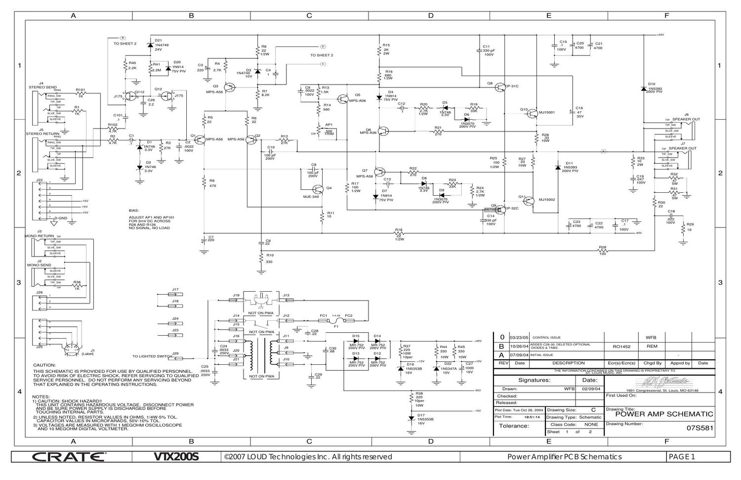 crate vtx 200s Power Amp Schematics 581SCH 0