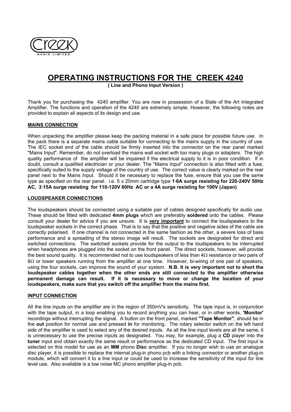 creek 4240 owners manual