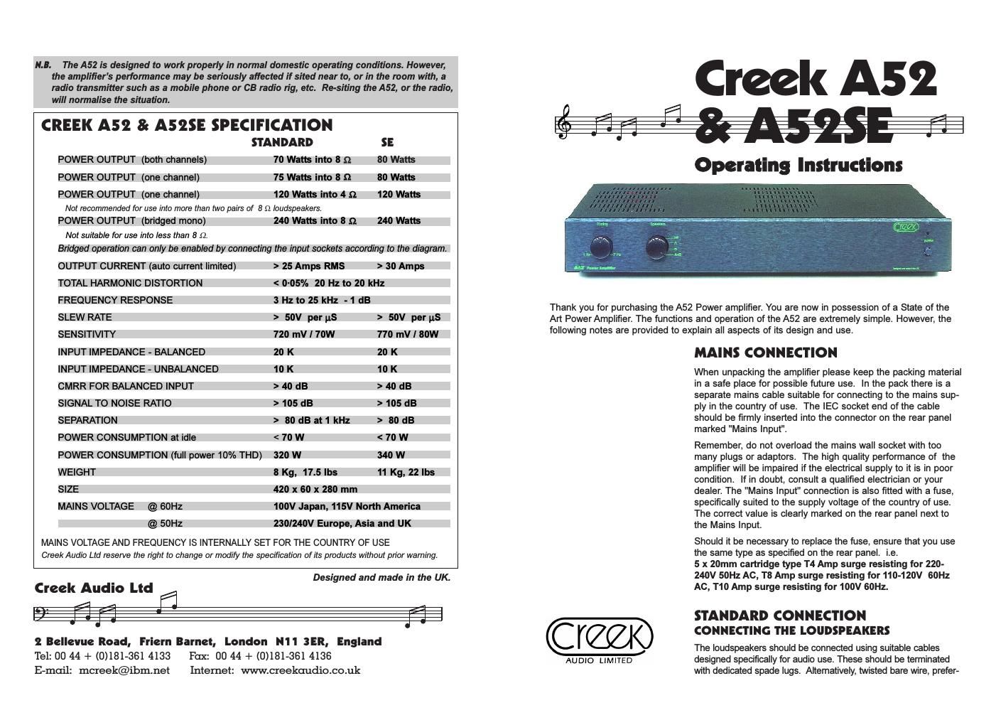 creek a 52 owners manual