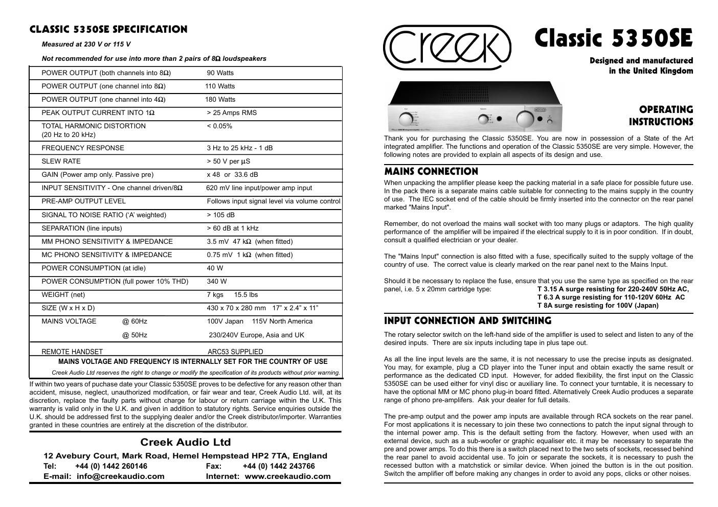 creek classic 5350 se owners manual