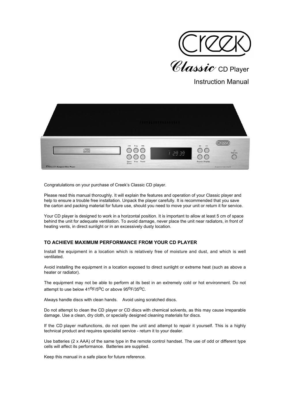 creek classic cd owners manual