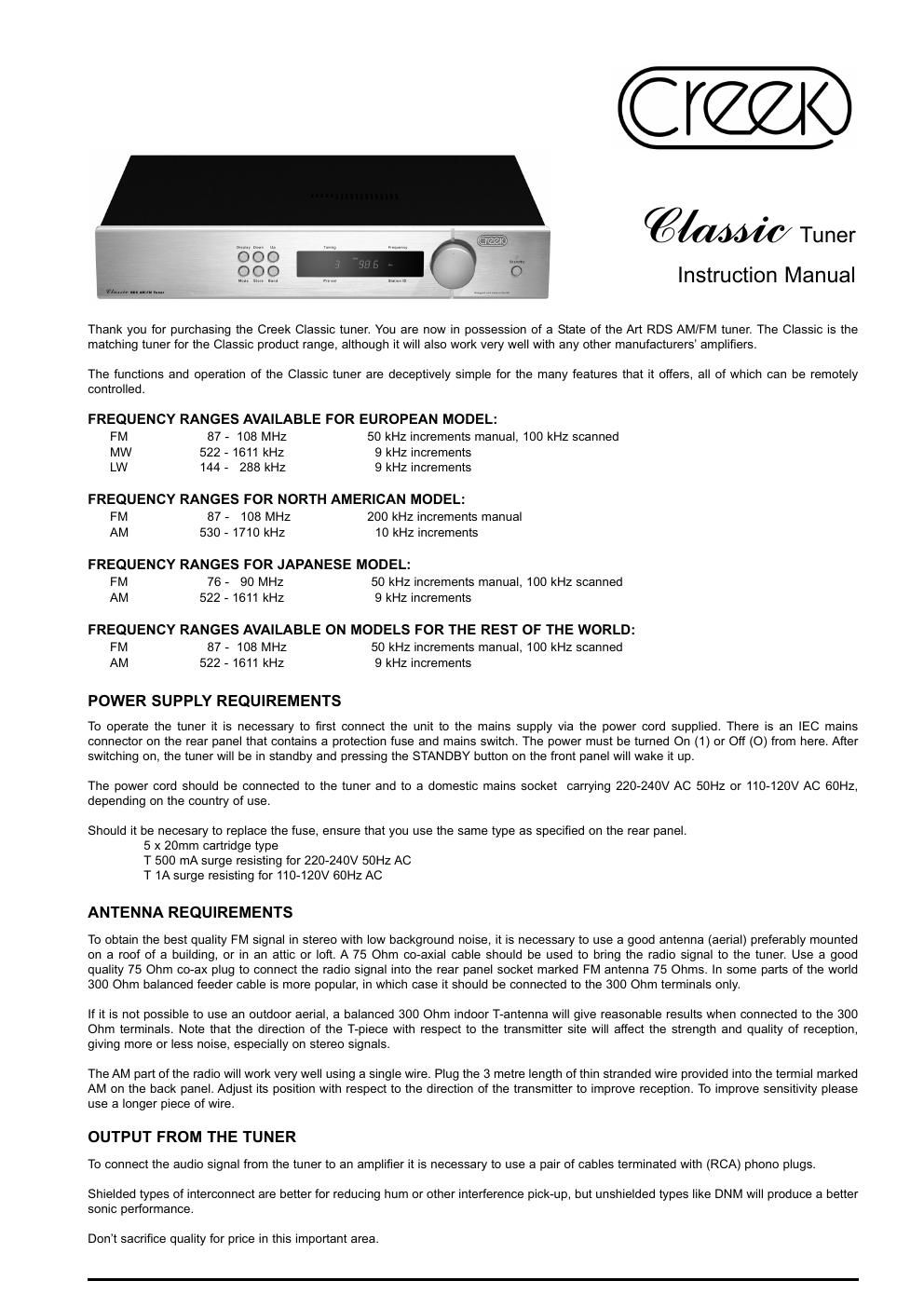 creek classic tuner owners manual