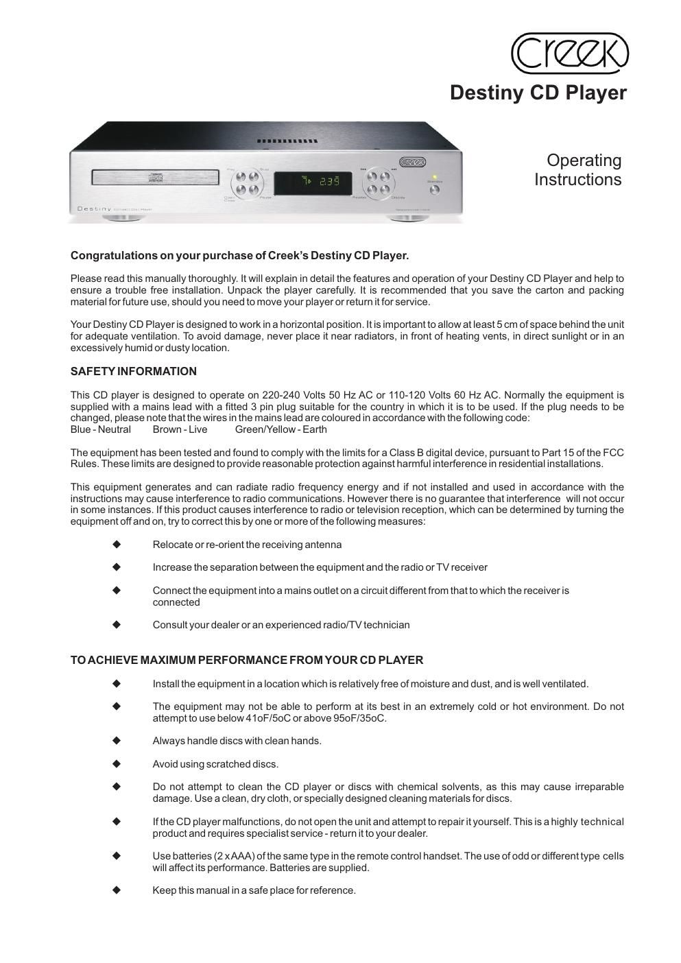 creek destiny cd owners manual