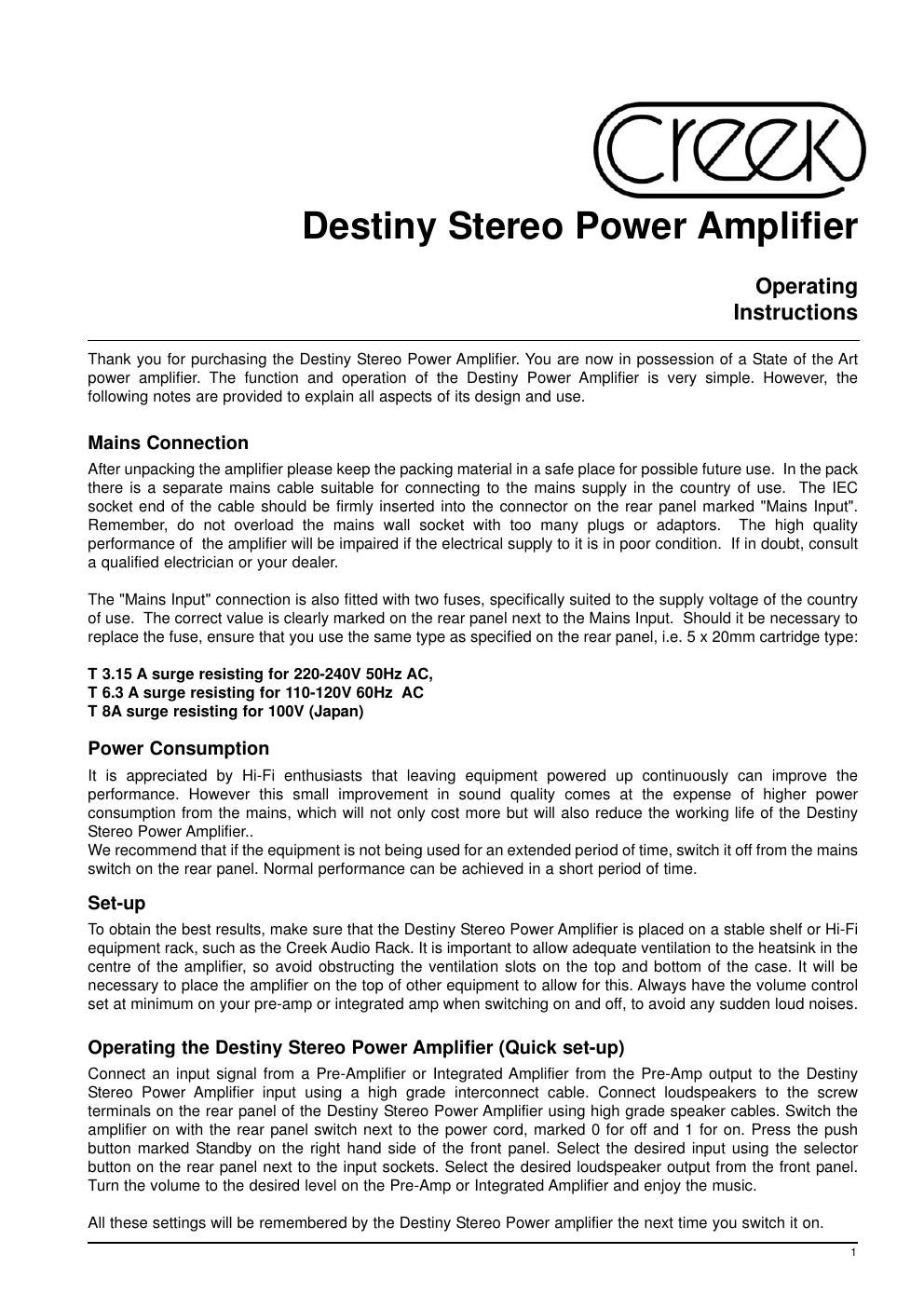 creek destiny power amp owners manual