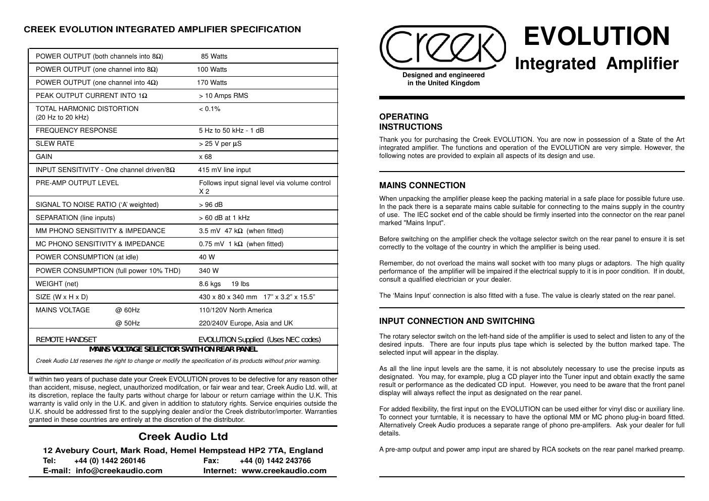 creek evolution integrated owners manual