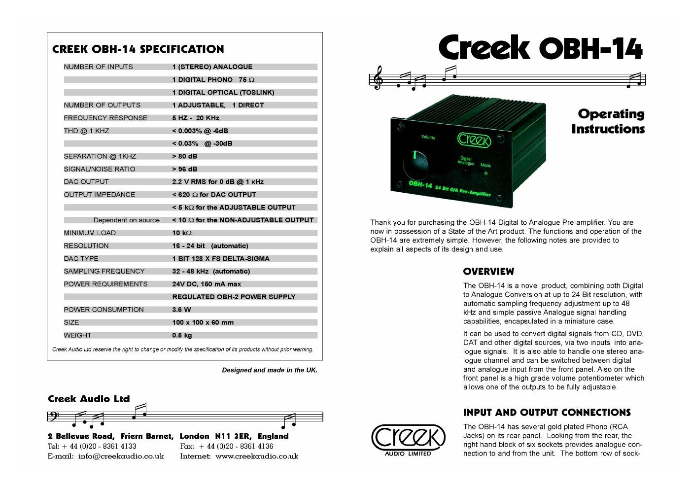 creek obh 14 owners manual