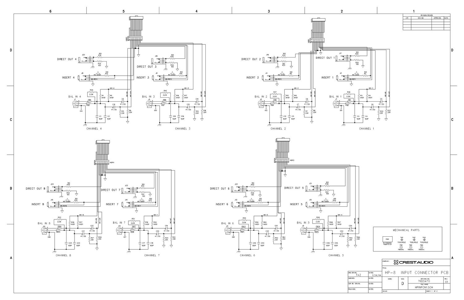 Crest Audio HP8 Input Connector PCB Schematic