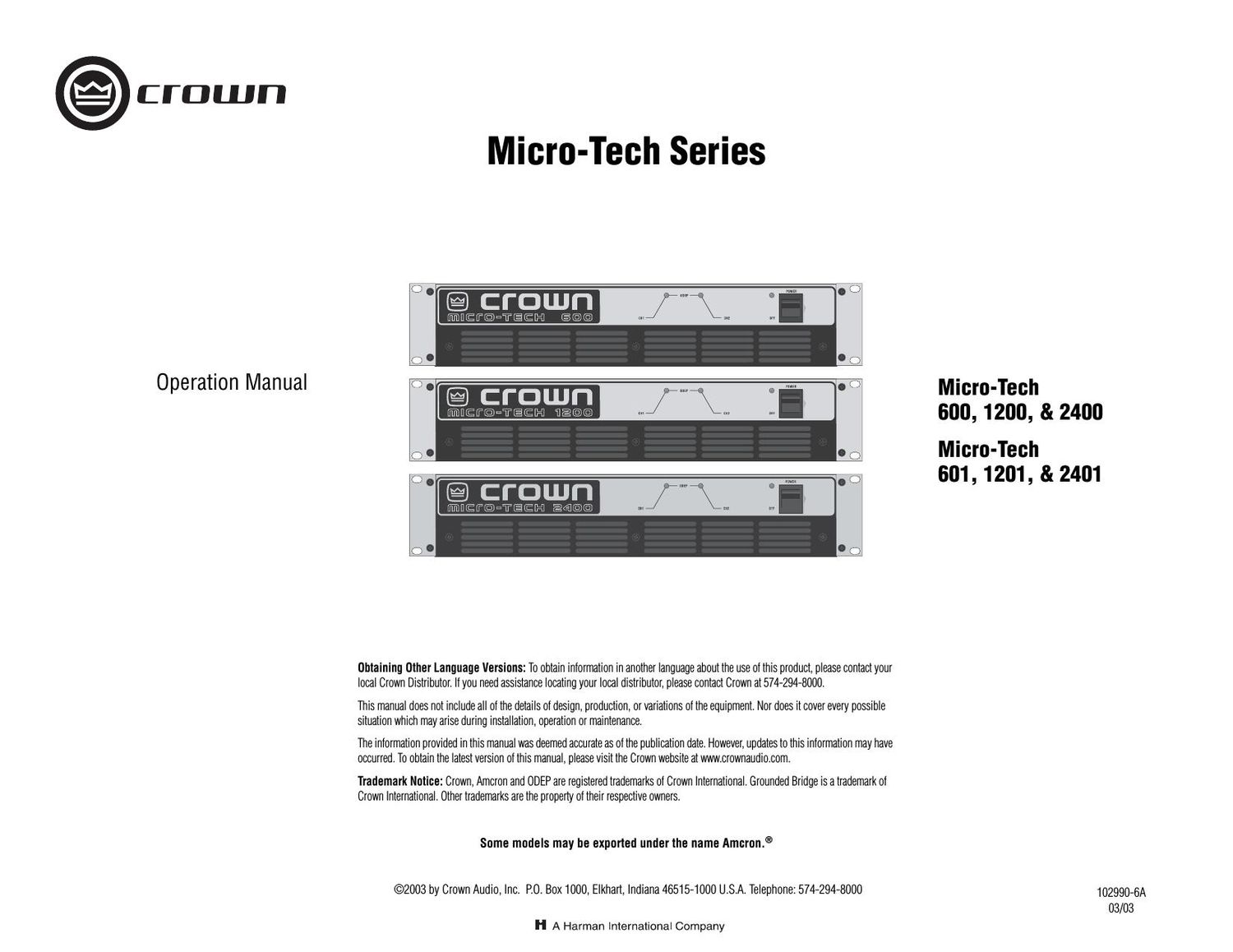 Crown Micro Tech 600 1200 2400 Operation Manual